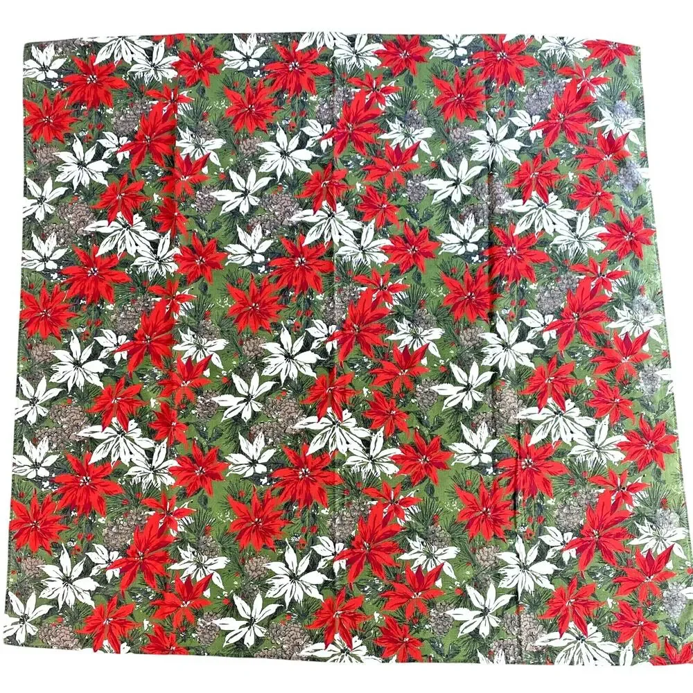 Vintage Christmas Tablecloth 50” Square Poinsettias & Pine Cones Retro 1970's